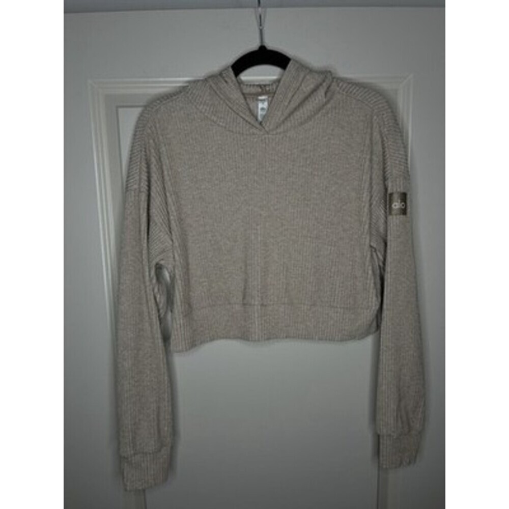 Alo Yoga Muse Hoodie in Gravel Size Small Cropped Ribbed - Picture 3 of 8